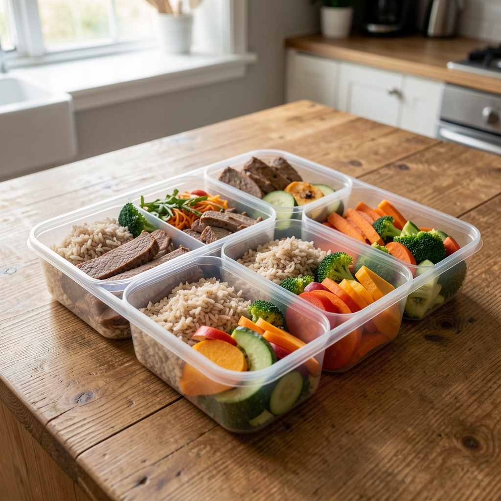 Wooden kitchen counter with portioned meal prep containers filled with balanced combinations of lean protein, brown rice, and rainbow vegetables in bright natural light