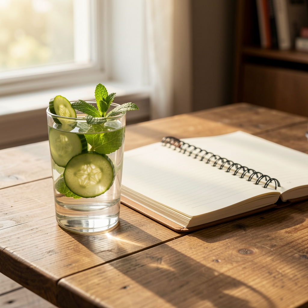 Glass of water with sliced cucumber and fresh mint leaves beside a food journal open on a wooden desk, pen resting alongside in warm morning light