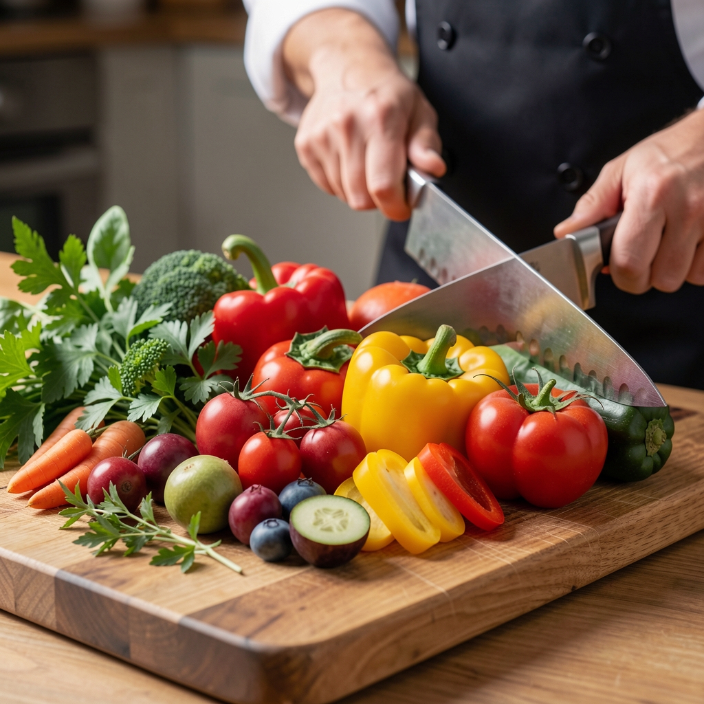Close-up of a colourful seasonal vegetable arrangement on a wooden chopping board with fresh herbs and a sharp chef's knife